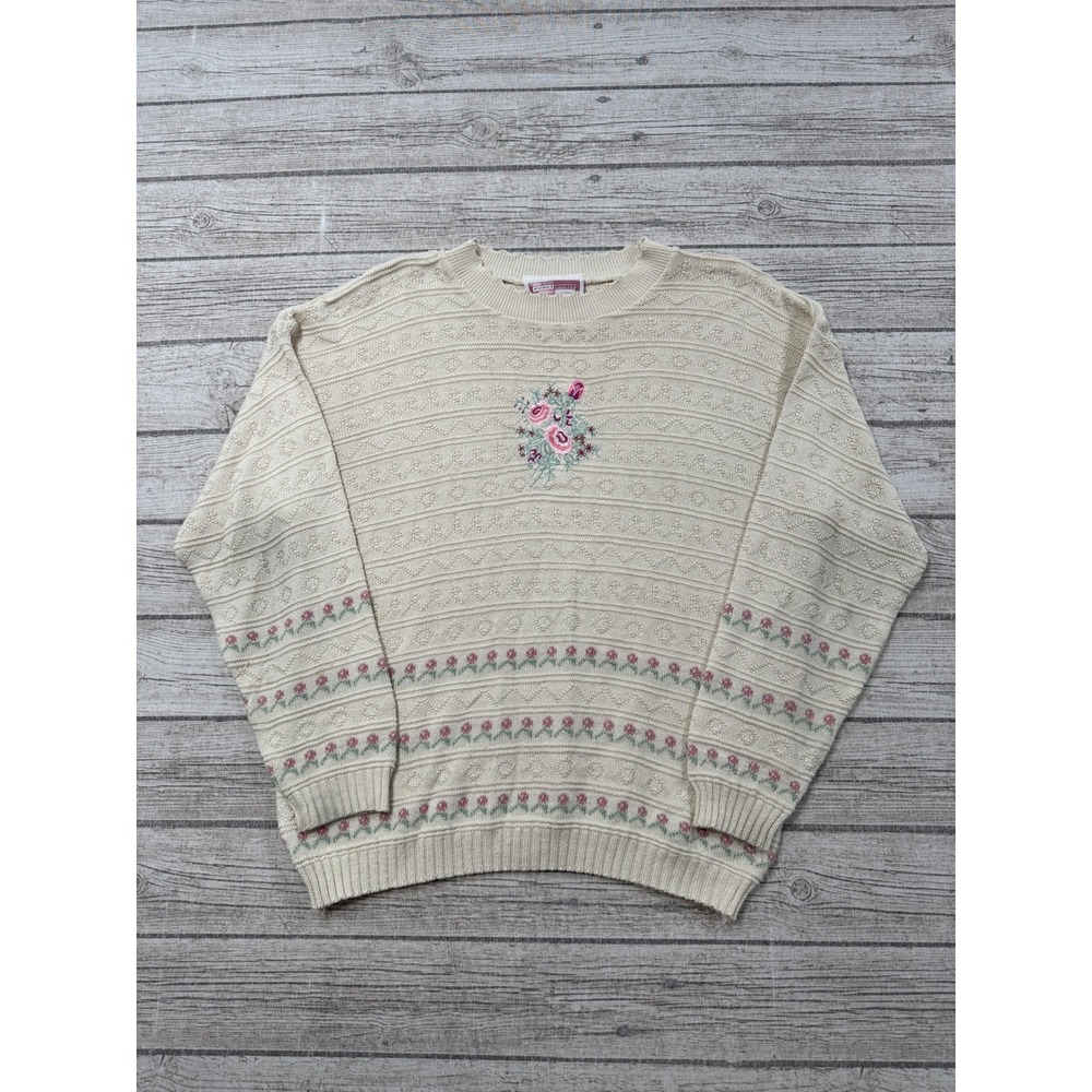 Vintage 90s Knitted Sweater Womens L White Floral Pointelle Pullover Cottagecore